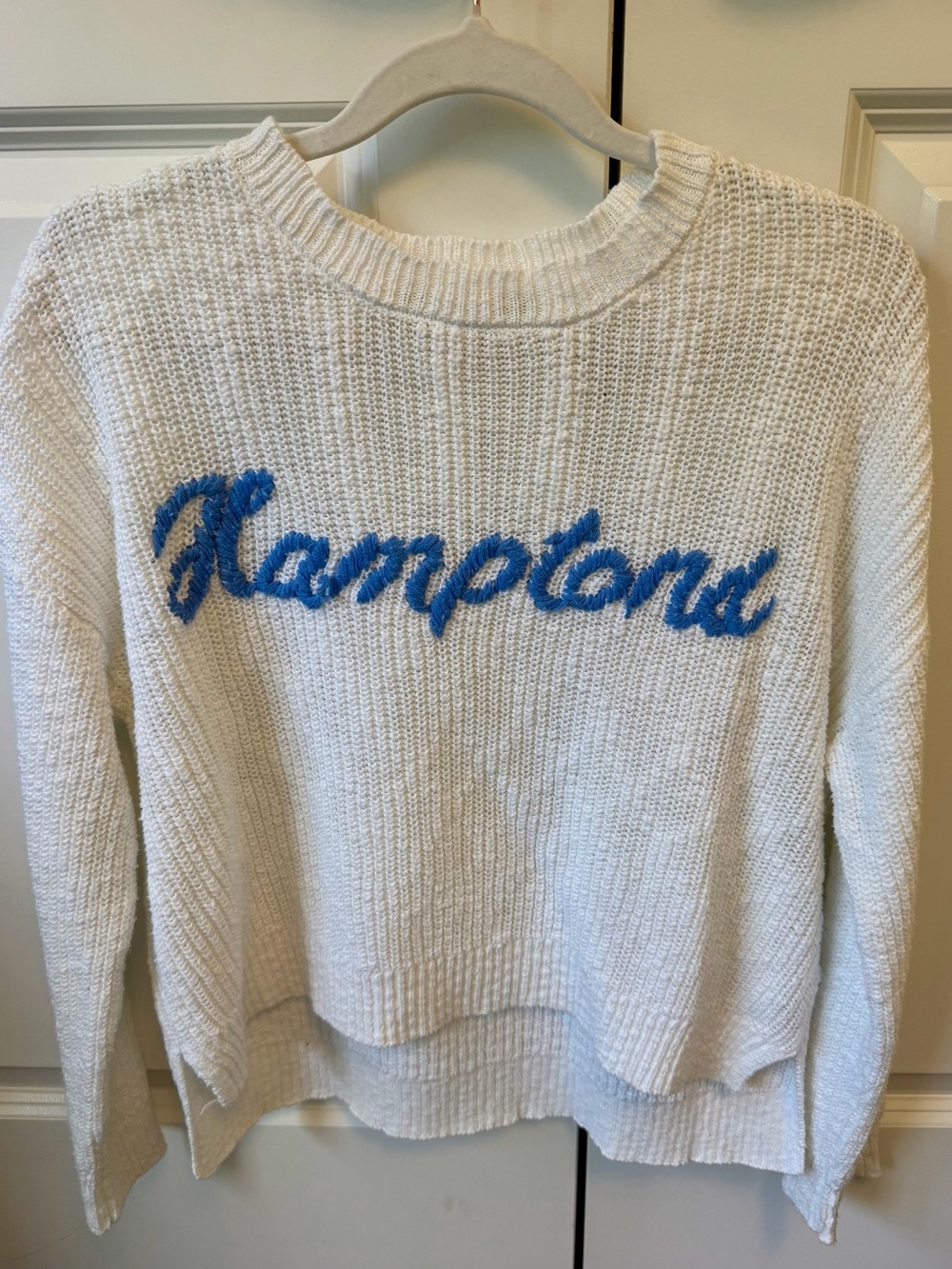 Francesca’s White "Hamptons" Embroidered Crewneck Sweater